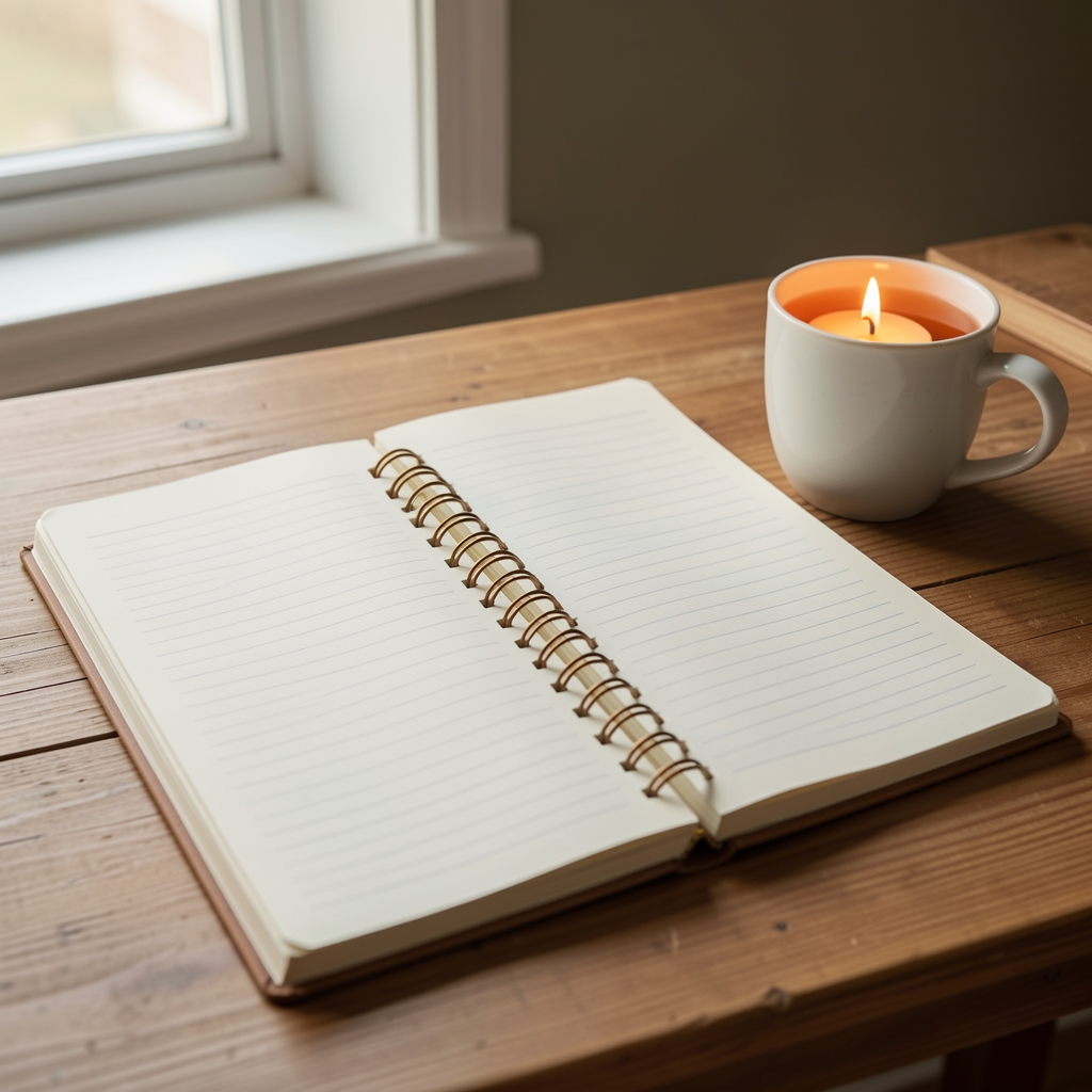 Agenda semanal abierta sobre un escritorio con luz natural, una taza de té y una vela encendida
