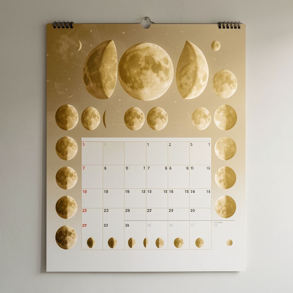 Calendario lunar de pared con ilustraciones de las fases de la luna en tonos dorados