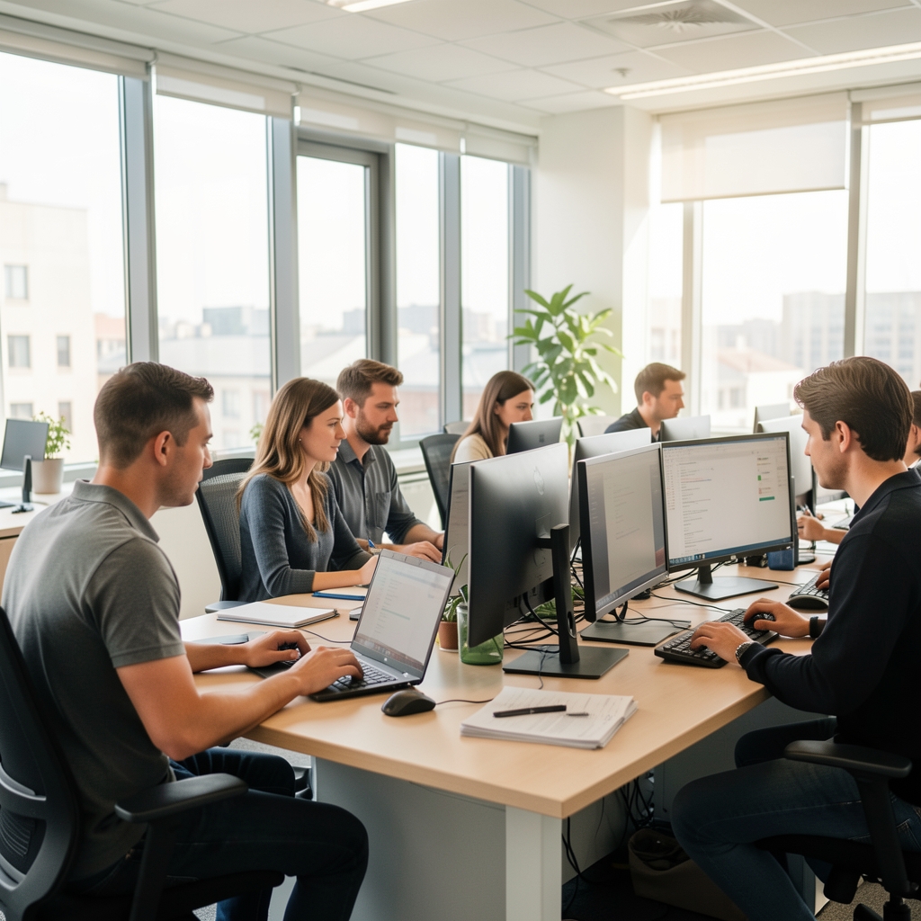 Equipo editorial trabajando frente a computadoras en una oficina luminosa de Buenos Aires
