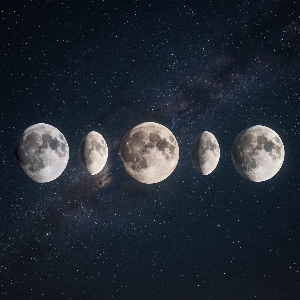 Collage de las distintas fases lunares organizadas en secuencia sobre fondo de cielo nocturno