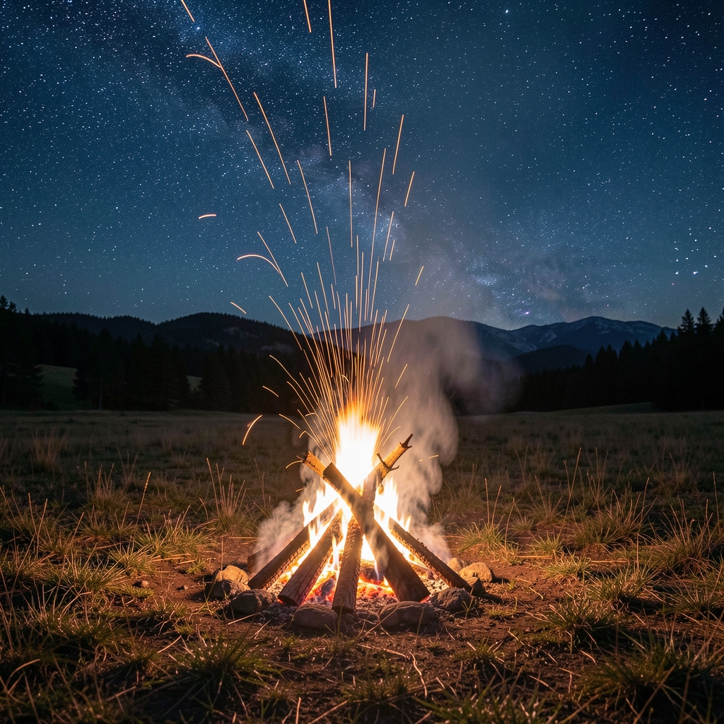 Fogata encendida por la noche en un campo abierto con chispas elevándose hacia un cielo estrellado