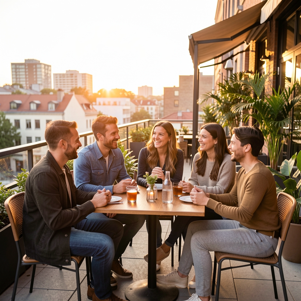 Grupo de amigos conversando animadamente en una terraza urbana durante el atardecer