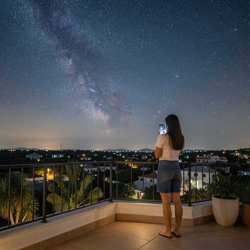 Mujer observando un cielo estrellado despejado desde una terraza de Buenos Aires durante la noche