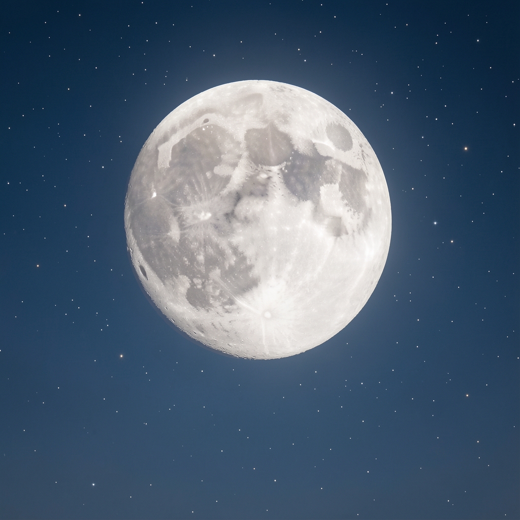 Luna llena brillante iluminando un cielo nocturno despejado con estrellas visibles alrededor