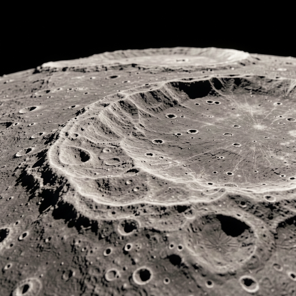 Primer plano detallado de la superficie lunar iluminada mostrando cráteres y relieve
