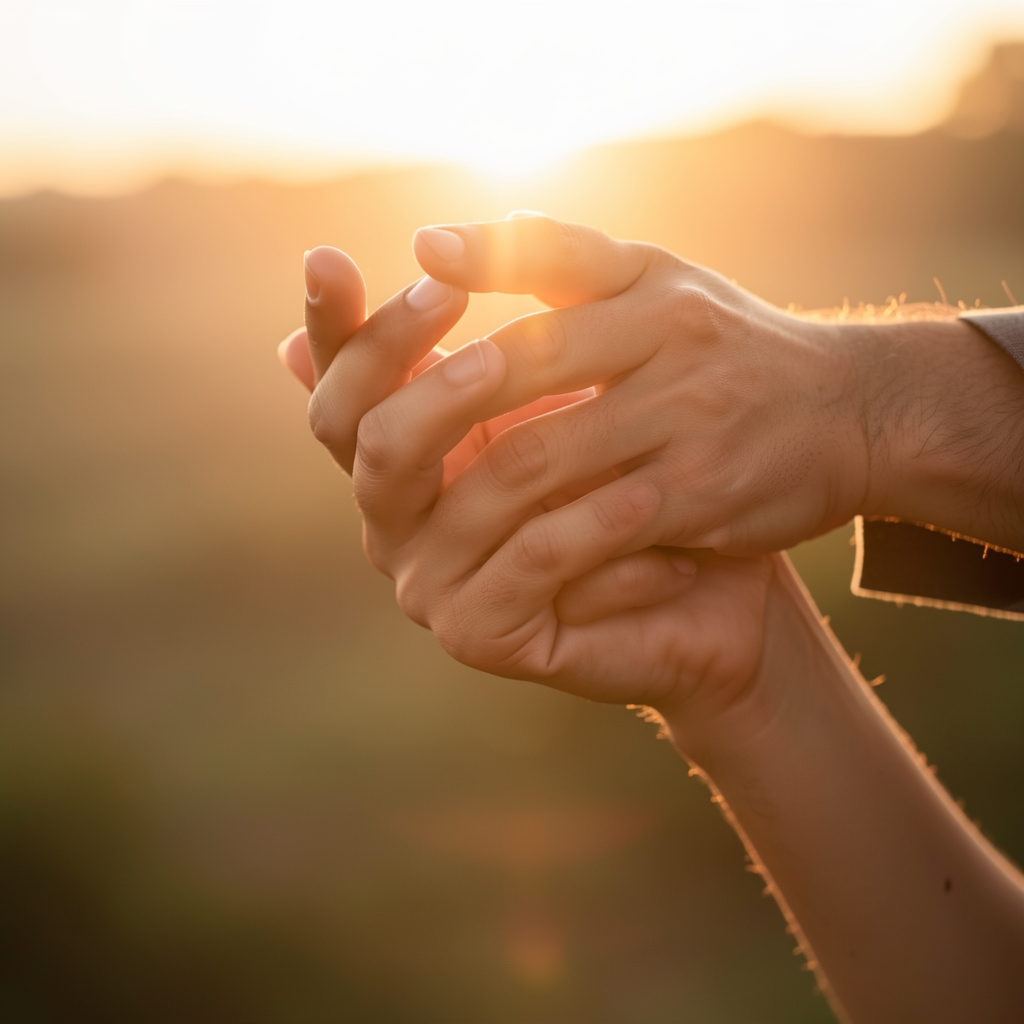 Dos manos entrelazadas con luz cálida de atardecer filtrándose entre los dedos