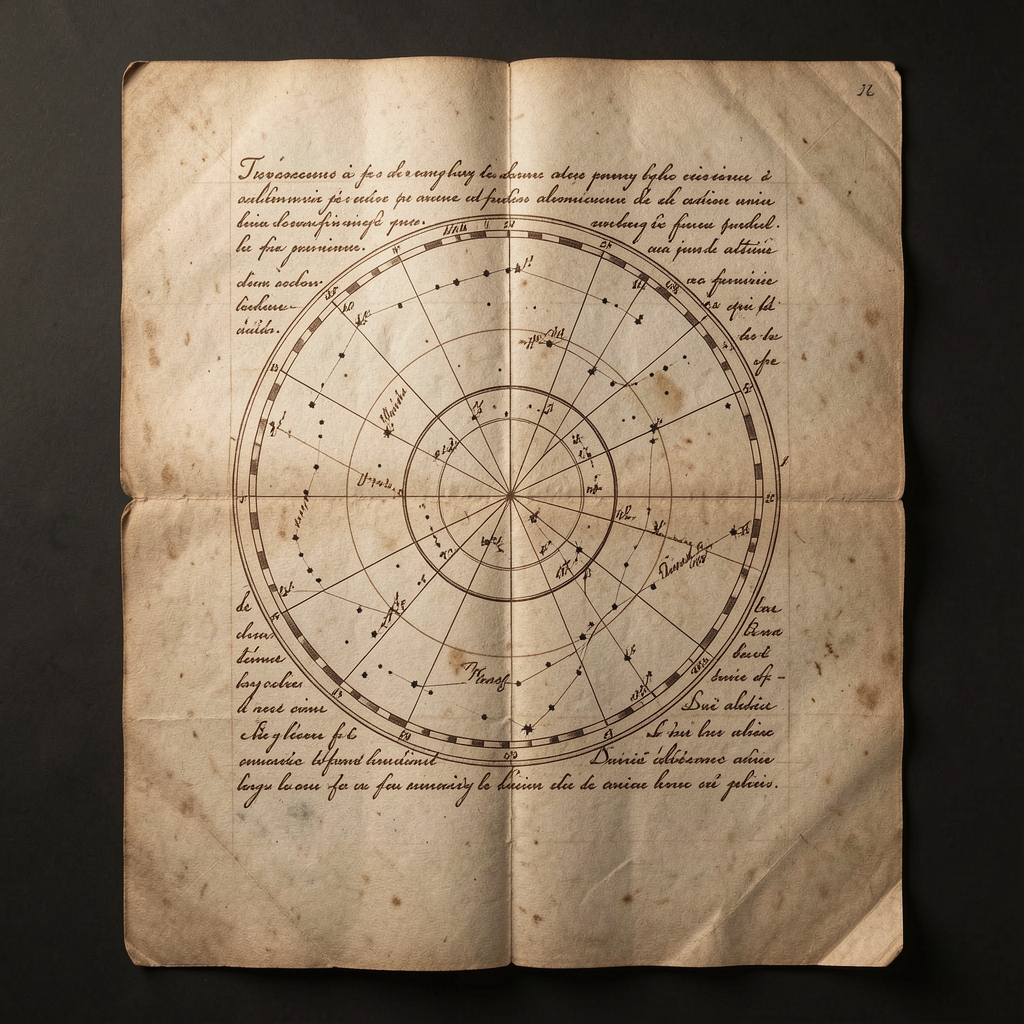 Manuscrito antiguo con un mapa estelar dibujado a mano y anotaciones en tinta