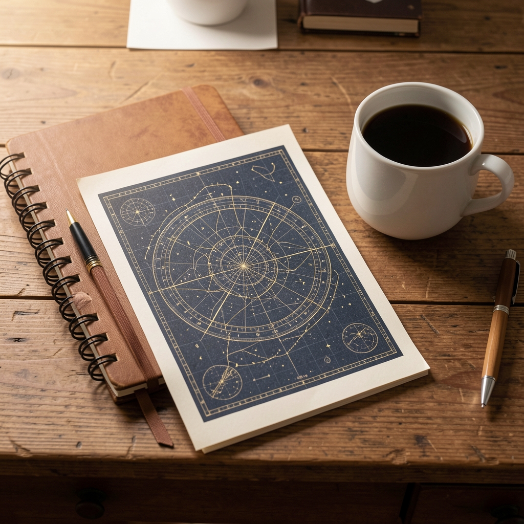 Mapa astral impreso junto a una notebook y una taza de café sobre un escritorio de madera