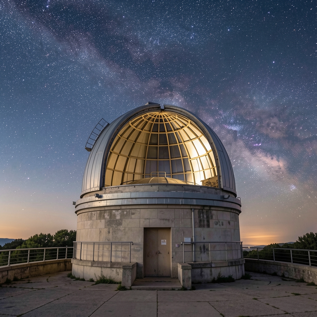 Cúpula de un observatorio astronómico abierta durante la noche bajo un cielo estrellado