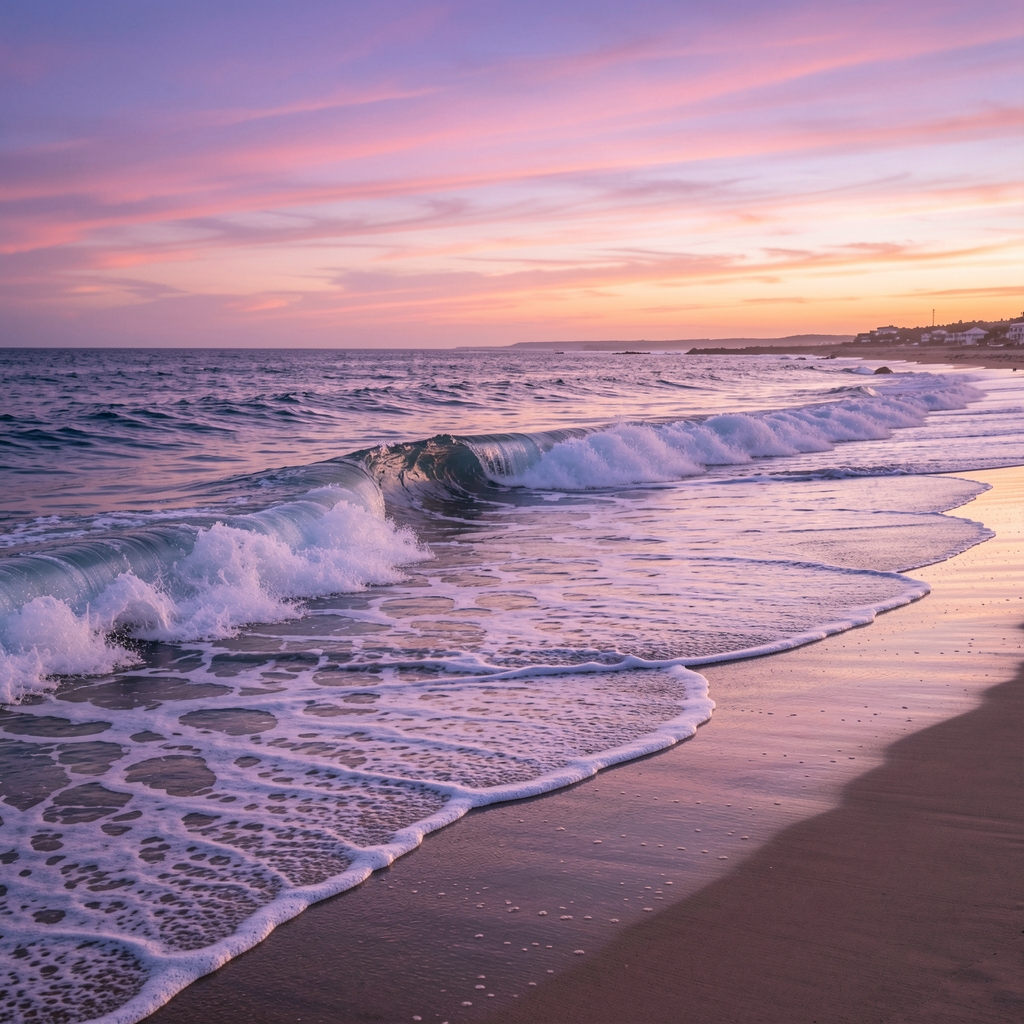 Olas suaves del océano rompiendo en la costa durante un atardecer de tonos rosados y violetas