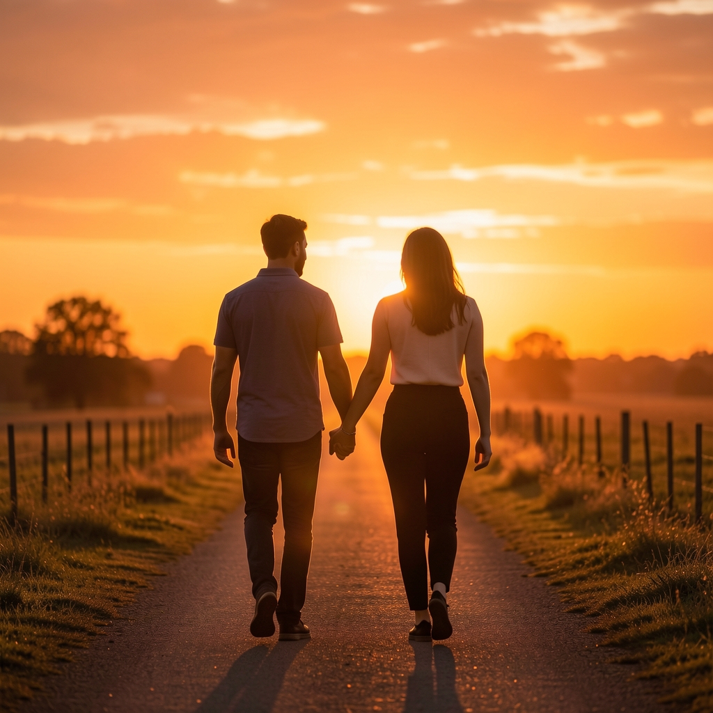 Silueta de una pareja caminando de la mano durante un atardecer anaranjado