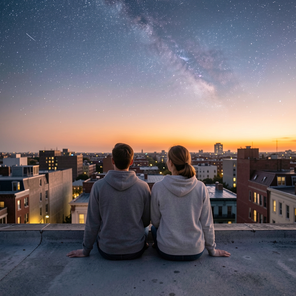 Dos personas jóvenes sentadas en un techo urbano mirando las estrellas al atardecer