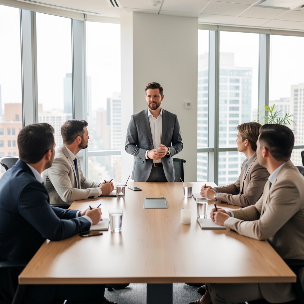 Persona liderando una reunión de equipo en una oficina moderna con luz natural
