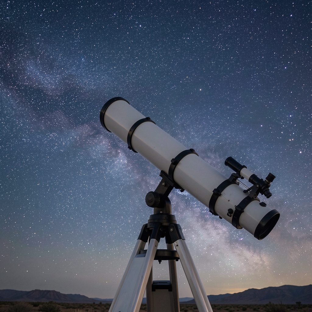 Telescopio astronómico apuntando hacia un cielo nocturno despejado lleno de estrellas