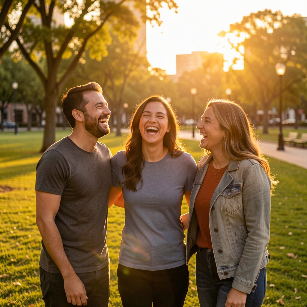 Tres amigos riendo al aire libre durante un atardecer dorado en un parque urbano
